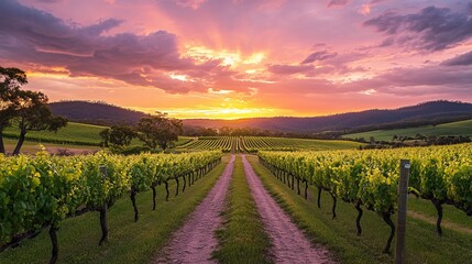 Fototapeta premium Sunset Over Vineyard Road With Lush Grapevines Lining the Path in a Serene Countryside Landscape