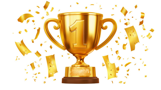 Golden trophy for first place, adorned with confetti, PNG, created with Generative AI