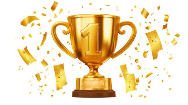 Golden trophy for first place, adorned with confetti, PNG, created with Generative AI