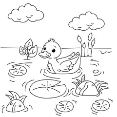 Cute Kawaii Duck Swimming in River – Cartoon Coloring Page Vector Illustration for Kids
