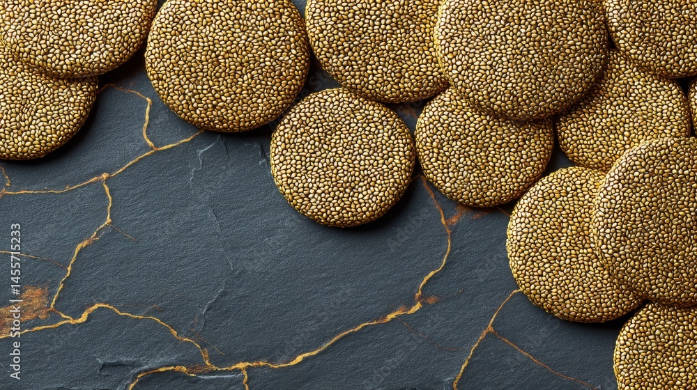 Poster Close-up view of golden sesame seed crackers forming a circular pattern on a slate surface, featuring unique cracks and offering room for text or design elements