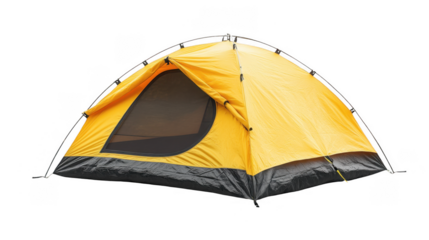 Yellow and black camping tent set up in nature with scenic background and clear blue sky