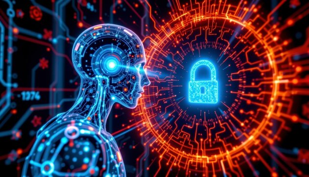 Abstract Digital Humanoid with Glowing Padlock, Cybersecurity Concept - Powered by Adobe