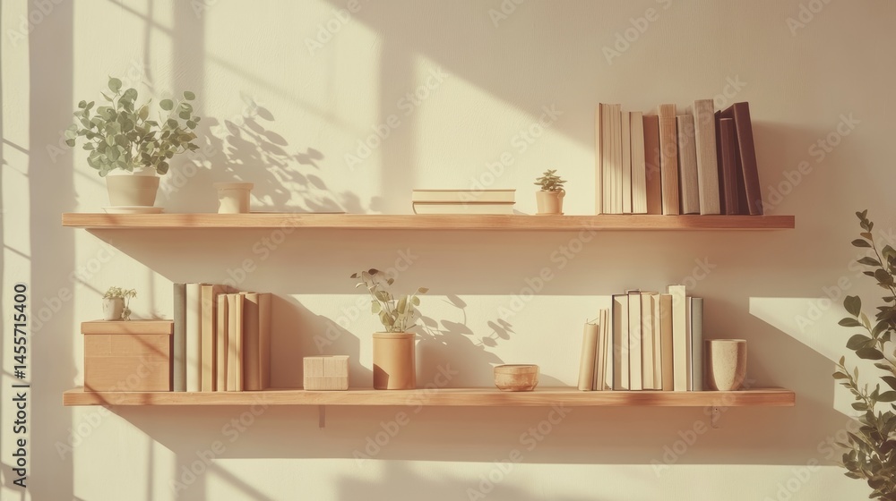 Poster modern wooden bookshelf displaying books and decorative items in a minimalistic interior setting