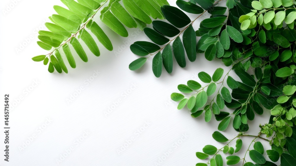 Poster Fine fern leaves are artfully arranged in natural clusters across a bright white background, featuring high contrast and inviting copy space on the right side