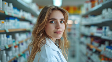 Young female pharmacist with long blonde hair and blue eyes standing in pharmacy aisle, wearing white lab coat, surrounded by shelves of medicine, looking confident and friendly