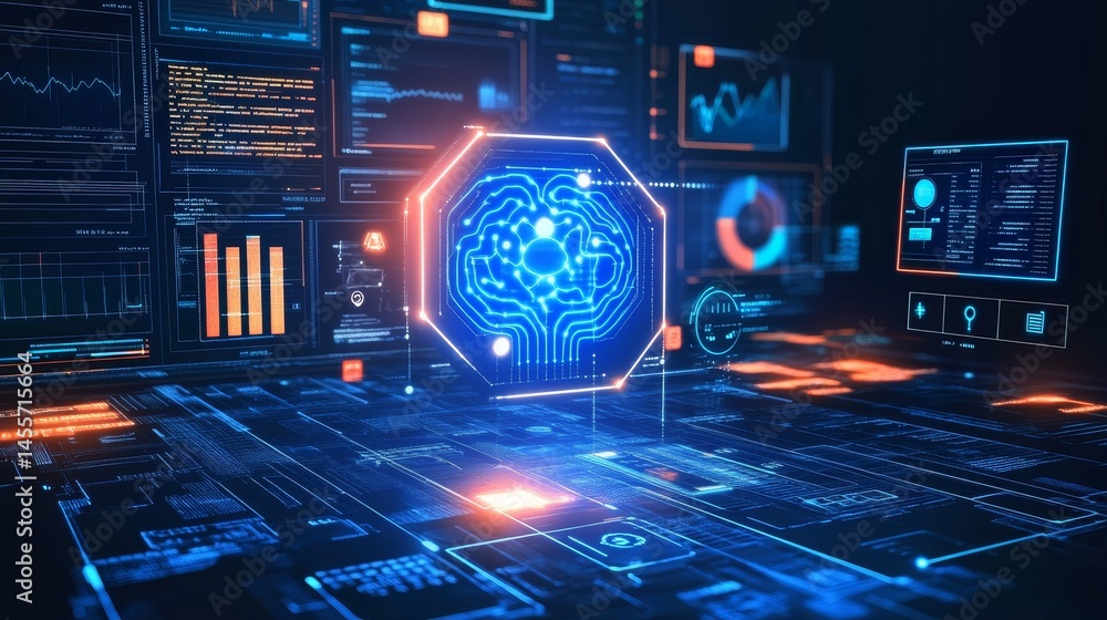 Poster Vibrant Digital Landscape Showcasing a Central Processor Amid Glowing Data Streams and Floating Text Elements in a Futuristic Setting
