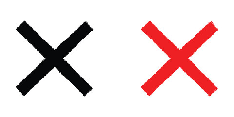 Grunge red cross sign set. Hand Drawn Red Cross, Letter X and Mark Brush Stroke, Red grunge X icon, isolated on white background.