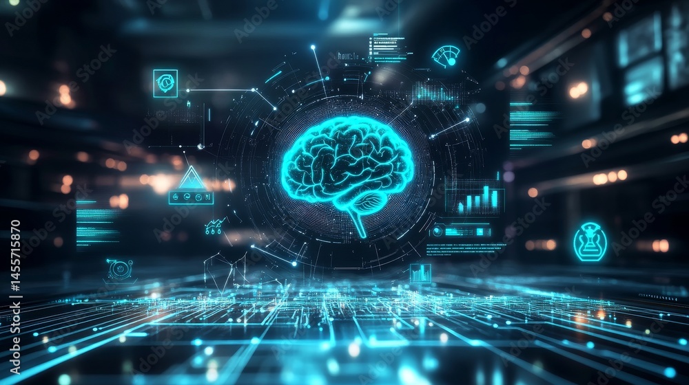 Poster futuristic digital brain surrounded by data visualizations and analytics displays in a high-tech env