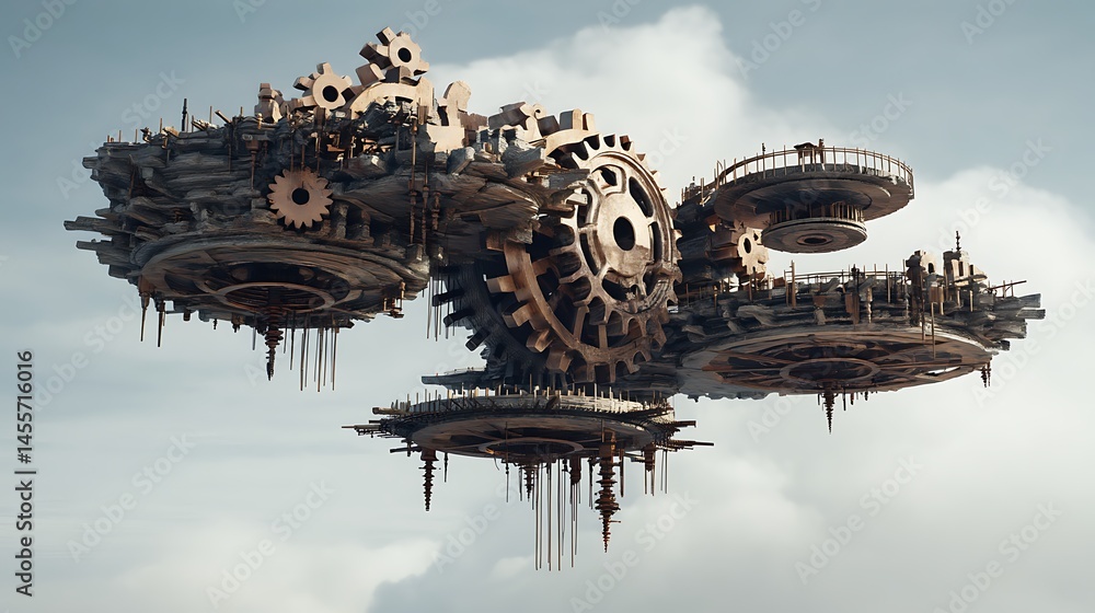 Aufkleber steampunk inspired floating island with gears and mechanical elements in a cloudy sky fantasy scene 