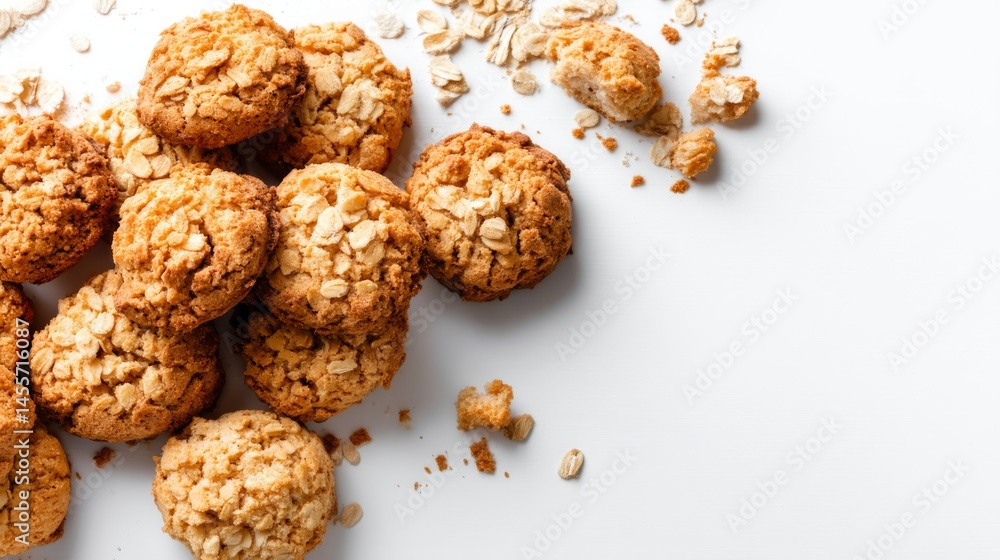 Poster freshly baked oatmeal biscuits are arranged in a neat pile on a white surface, with crumbs scattered