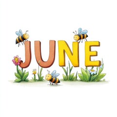 Fototapeta premium Cheerful bees and flowers surrounding the colorful june letters