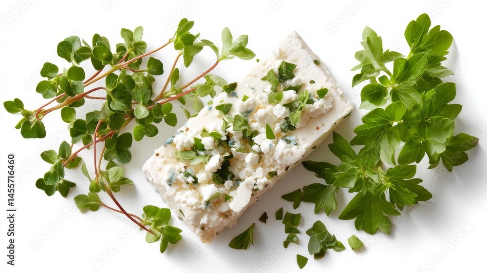 Poster creamy block of goat cheese sprinkled with fresh herbs is displayed on a clean white background, sho