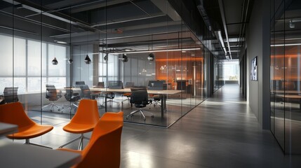 Modern Office Interior Design Showcasing Collaborative Workspace With Glass Walls and Vibrant Orange Accents in a Bright Corporate Environment