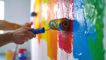 Obraz premium Close Up Hands Using Paint Roller on Colorful Wall