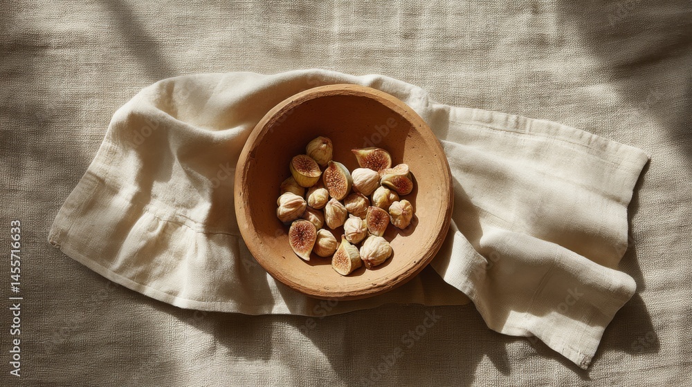 Aufkleber A clay dish filled with neatly arranged dried figs rests on a textured linen cloth, illuminated by soft natural light, creating an inviting scene