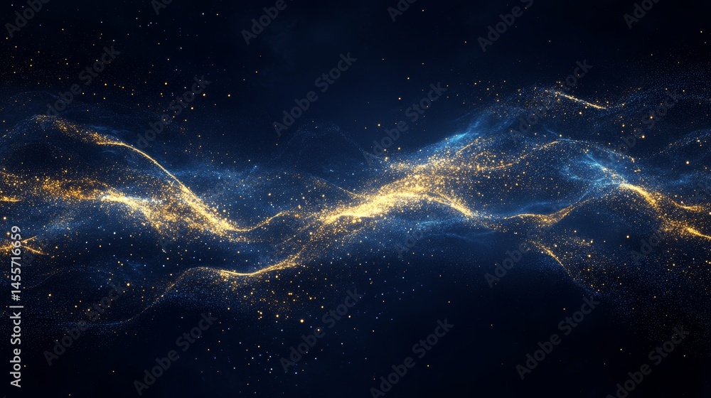 Poster curved fabric waves create a dynamic texture in deep blue with gold accents, showcasing artistry and