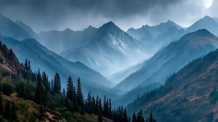 Obraz premium Misty mountain range landscape with pine trees