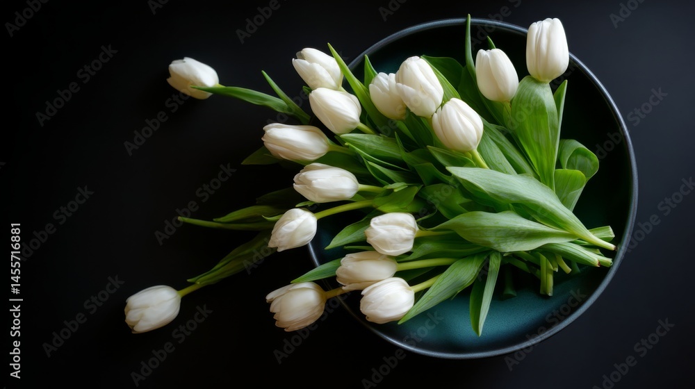 Poster clusters of white tulips arranged in a sleek black vase create an elegant and minimalist look agains