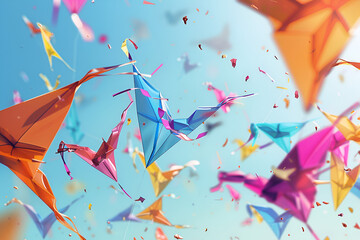 High flying colorful kites in festive celebration against bright sky and white background for joyful decorative themes