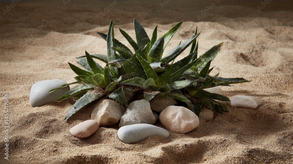 Aufkleber a vibrant cluster of aloe plants surrounded by smooth pebbles rests on weathered sandy terrain, high