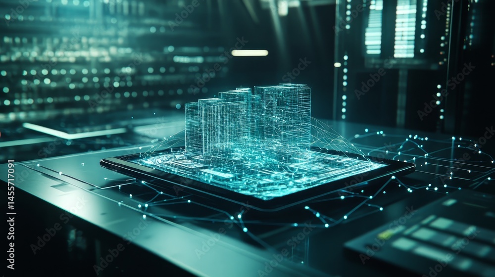 Aufkleber digital cityscape model displayed on a circuit board illuminated in red and blue hues, showcasing fu