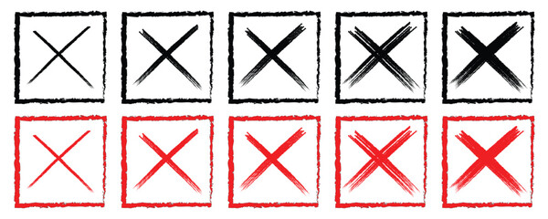  X cross symbol, black grunge X icon and red grunge X icon. Cross marks wrong X set. cross sign in red color, Cross brush signs. 