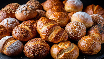 Table with bread on top on dark background close-up.