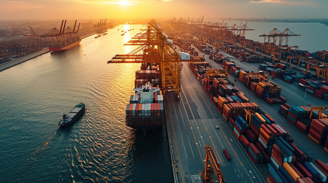 Aerial view seaport shipping container cargo ship industrial port sunset transportation logistics water dock. Busy seaport sunset with cargo ships containers and cranes highlighting global trade