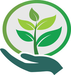 Eco-Friendly Green Logo – Hand Holding Sprout with Leaf, Minimalist Sustainability Symbol Vector