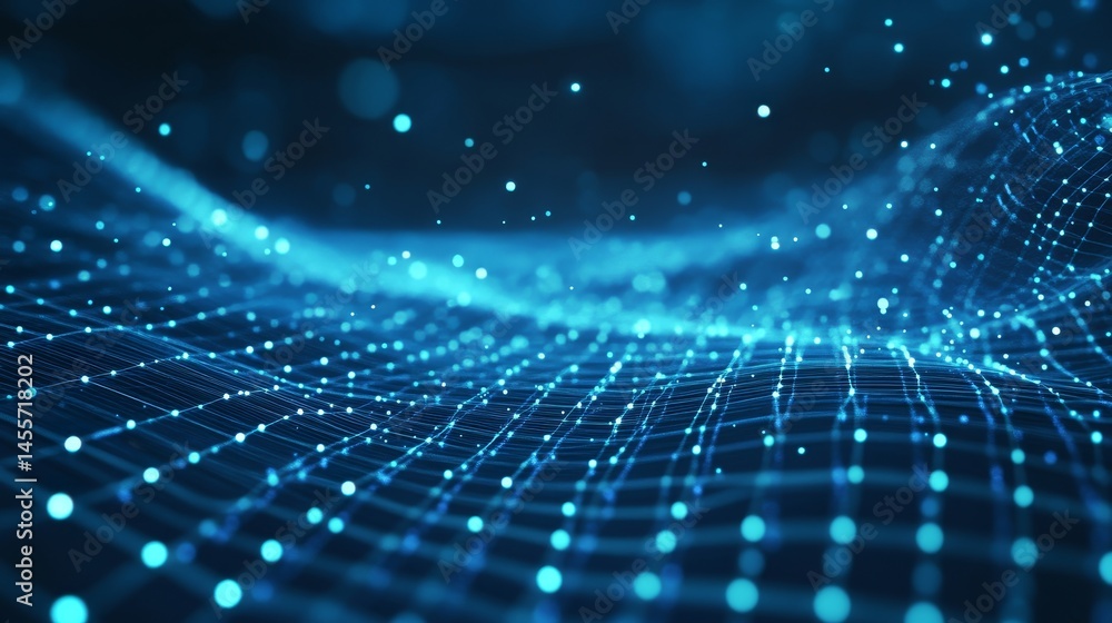 Poster digital wave of blue light particles flows through an abstract grid space showcasing technology and 