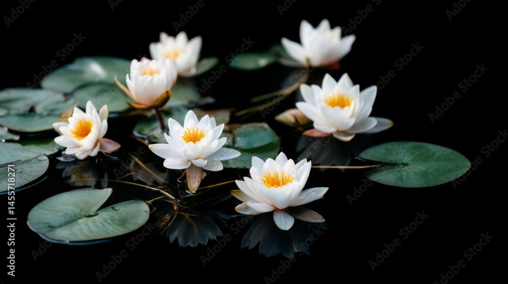 Fototapete white lotus flowers float gently on a still black pond, reflecting soft natural light in a tranquil 
