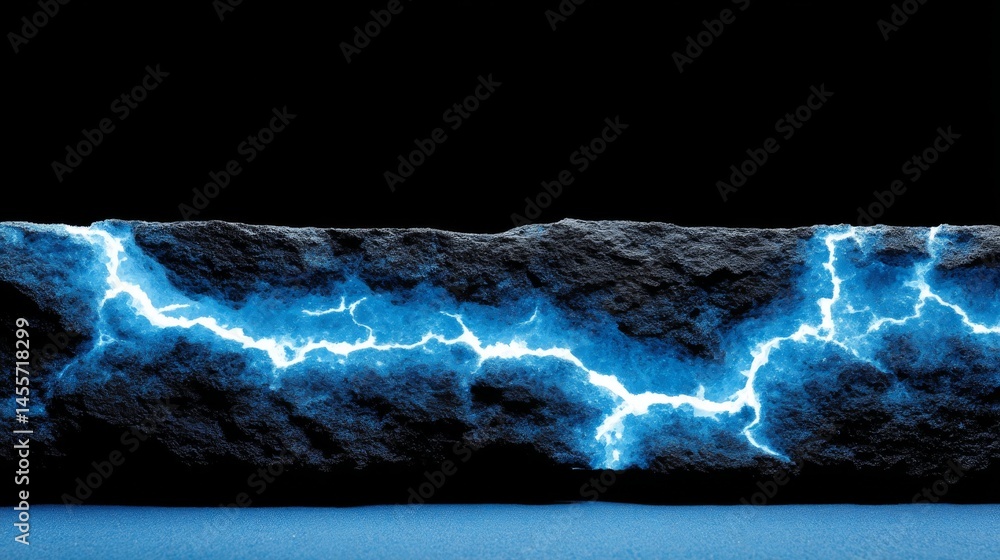 Poster fissures in a dark rocky terrain glow with a mesmerizing neon blue light, emphasizing the abstract n