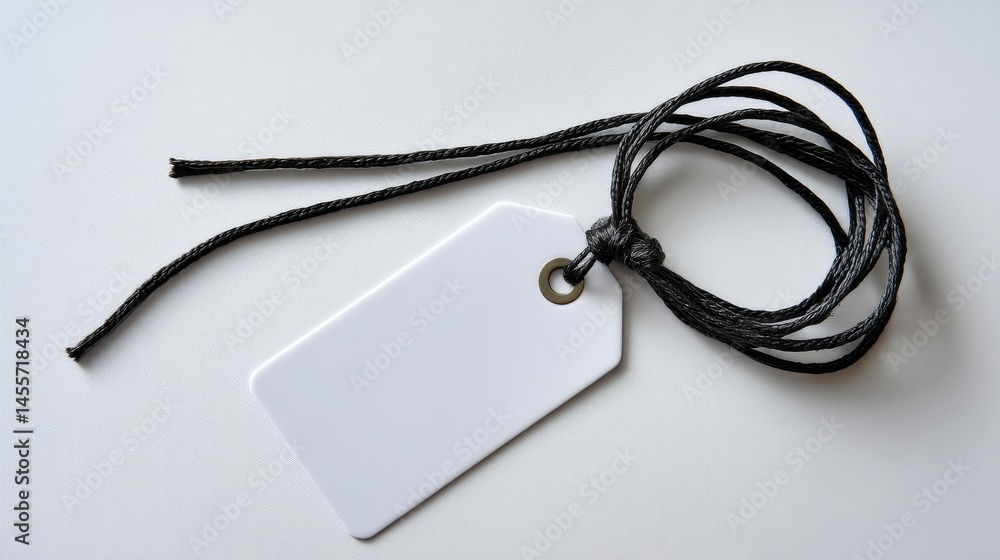 Poster blank rectangular tag lies on a seamless white background, accompanied by a gently curling black str