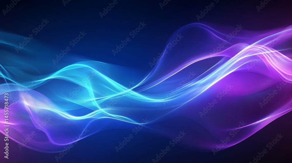 Poster colorful abstract waves flow and blend in a dark background, creating a mesmerizing light display th