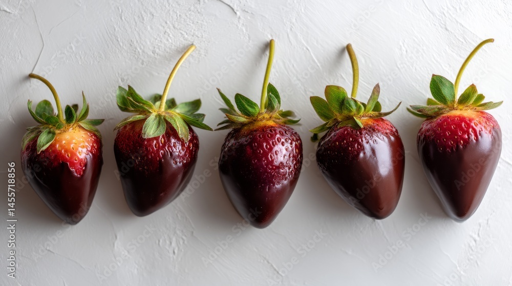 Poster Five ripe strawberries dipped in shiny chocolate create a vibrant, tempting dessert display, perfect for adding your own text