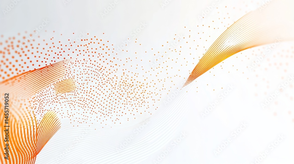 Poster abstract pattern featuring flowing lines and floating dots in vibrant orange on a white background, 