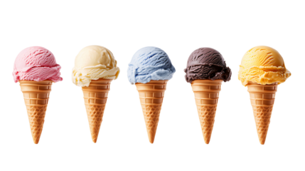 Delicious ice cream flavors displayed in cones, PNG, created with Generative AI