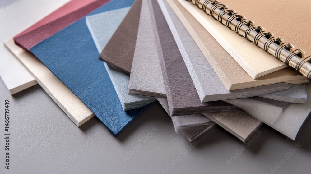 Poster A collection of spiral-bound notebooks in various matte earthy tones is neatly aligned diagonally against a neutral backdrop, providing space for additional content