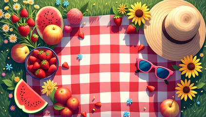 a vibrant and highly detailed illustration of an overhead view of a summer picnic scene laid out on a traditional red and white checkered blanket,