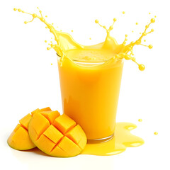 A vibrant splash of fresh mango juice with sliced mangoes and droplets, isolated on a clean white background, hyper-realistic texture,