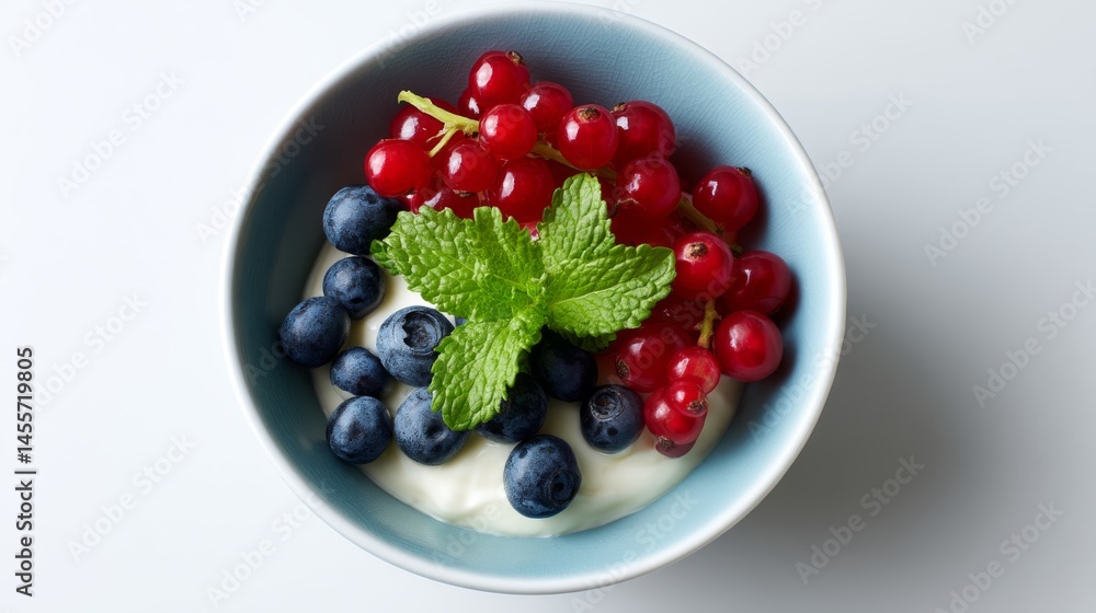 Poster a close-up view of a smooth bowl filled with thick yogurt topped with vibrant red currants, blueberr
