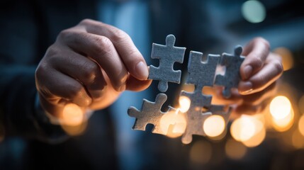 Close-up of hands assembling puzzle pieces, soft focus, warm light