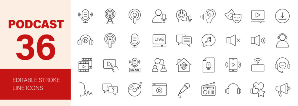 Podcast icon set. Containing microphone, podcasting, record, audio, radio, webcast, broadcast, channel, video, headphone, news and more. Editable line icons. Vector illustration.