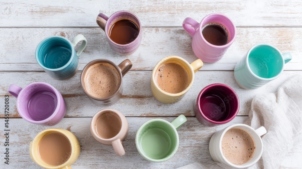 Aufkleber ceramic cups in assorted colors are artistically scattered across a rustic wooden tabletop, illumina