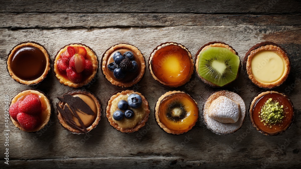 Poster assorted fruit tarts and mini pies are beautifully arranged on a rustic wooden surface, showcasing v