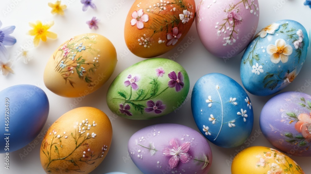 Poster vibrant easter eggs adorned with intricate floral designs are scattered across a clean surface, leav