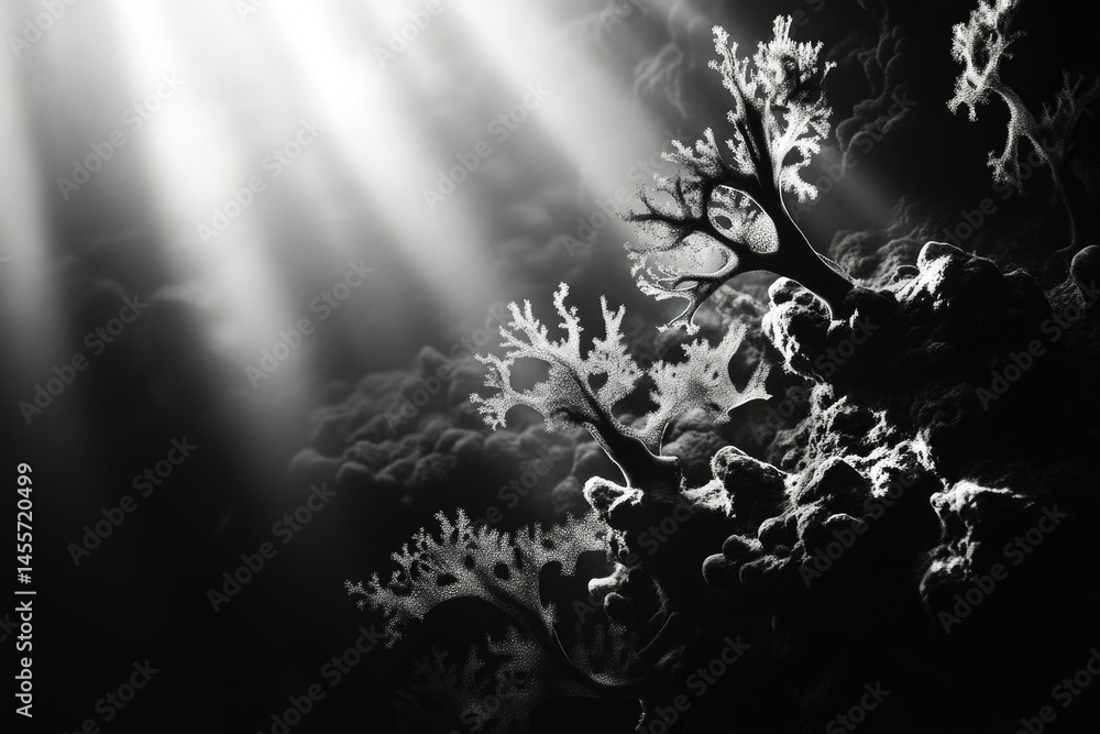Poster monochromatic underwater scene with light rays illuminating coral formations in a serene and artisti