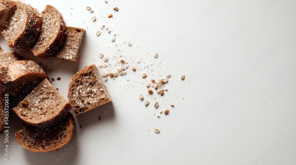 Poster rustic bread slices are casually arranged on a clean white surface, alongside scattered grains, perf