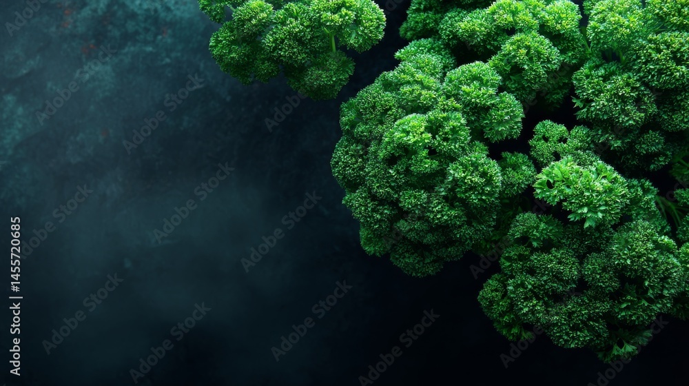 Poster fresh parsley bunches are densely layered, showcasing rich greens and shadow depth, with an area on 
